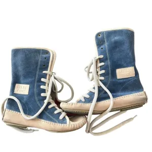 See by Chloe Blue Suede Lace Up Leather Moccasin Mid Calf Boots, Size 36 / US 6