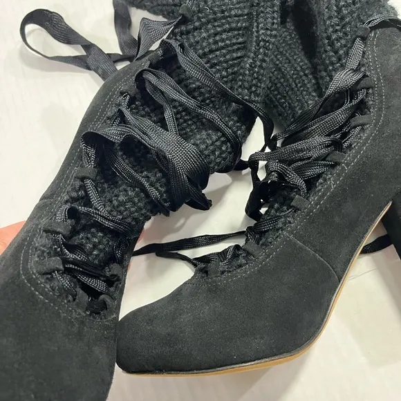 SEE BY CHLOE SUEDE AND KNIT LACE UP ANKLE BOOTS