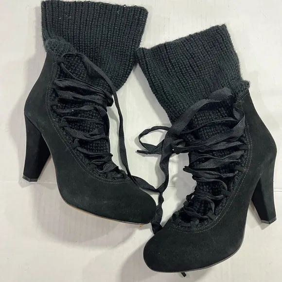 SEE BY CHLOE SUEDE AND KNIT LACE UP ANKLE BOOTS