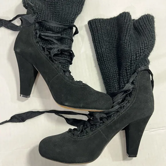 SEE BY CHLOE SUEDE AND KNIT LACE UP ANKLE BOOTS