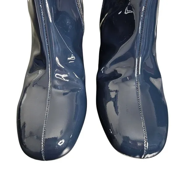 Sezane Margot Navy Patent Leather Brass Buckle Zip Ankle Boots