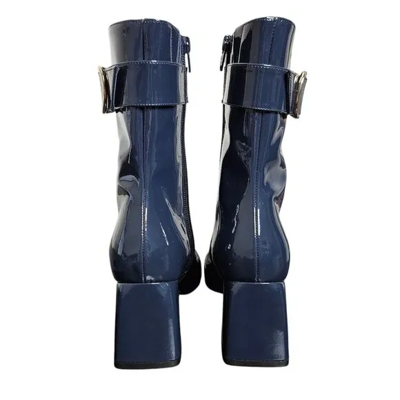 Sezane Margot Navy Patent Leather Brass Buckle Zip Ankle Boots