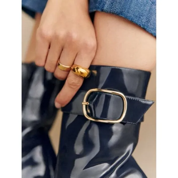 Sezane Margot Navy Patent Leather Brass Buckle Zip Ankle Boots