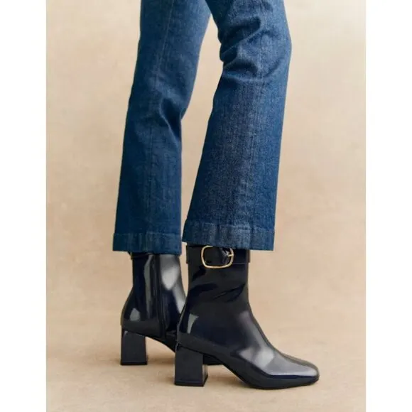 Sezane Margot Navy Patent Leather Brass Buckle Zip Ankle Boots