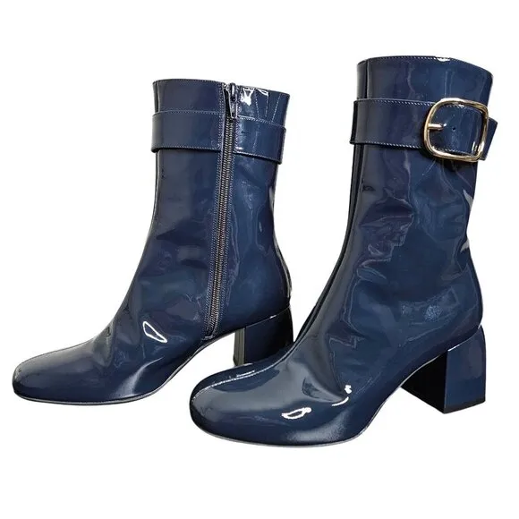 Sezane Margot Navy Patent Leather Brass Buckle Zip Ankle Boots