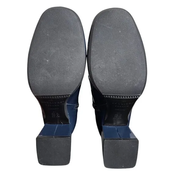Sezane Margot Navy Patent Leather Brass Buckle Zip Ankle Boots