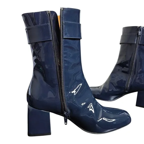 Sezane Margot Navy Patent Leather Brass Buckle Zip Ankle Boots