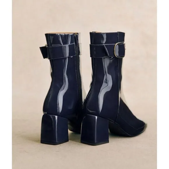 Sezane Margot Navy Patent Leather Brass Buckle Zip Ankle Boots