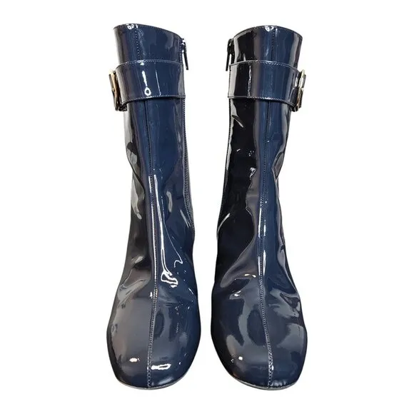 Sezane Margot Navy Patent Leather Brass Buckle Zip Ankle Boots