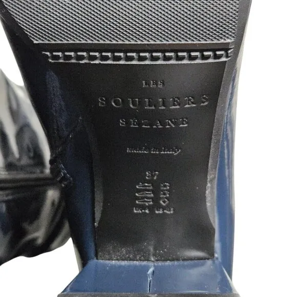 Sezane Margot Navy Patent Leather Brass Buckle Zip Ankle Boots