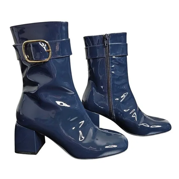 Sezane Margot Navy Patent Leather Brass Buckle Zip Ankle Boots
