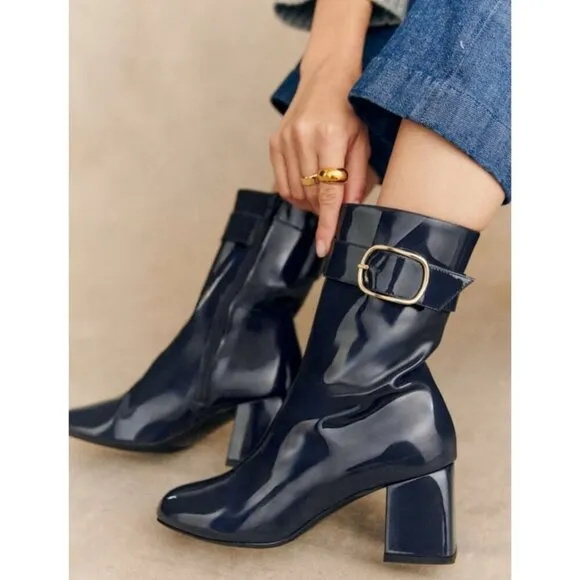 Sezane Margot Navy Patent Leather Brass Buckle Zip Ankle Boots