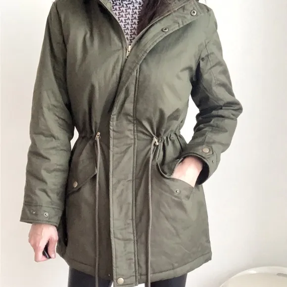 SHERPA LINED UTILITY PARKA JACKET COAT - DARK OLIVE GREEN
