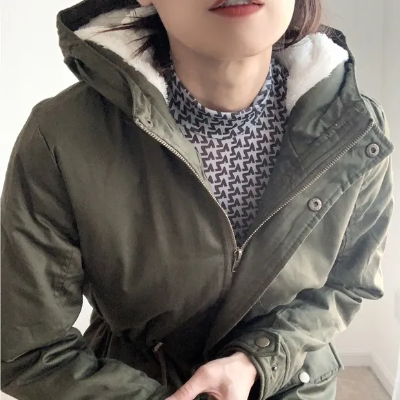 SHERPA LINED UTILITY PARKA JACKET COAT - DARK OLIVE GREEN