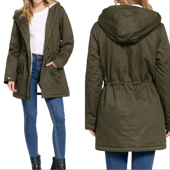 SHERPA LINED UTILITY PARKA JACKET COAT - DARK OLIVE GREEN
