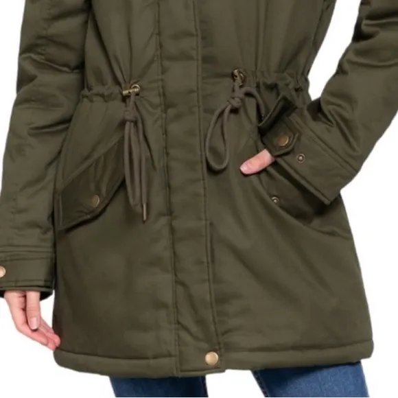SHERPA LINED UTILITY PARKA JACKET COAT - DARK OLIVE GREEN