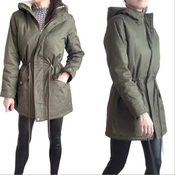 SHERPA LINED UTILITY PARKA JACKET COAT - DARK OLIVE GREEN