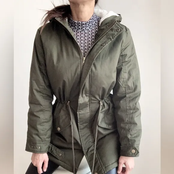 SHERPA LINED UTILITY PARKA JACKET COAT - DARK OLIVE GREEN