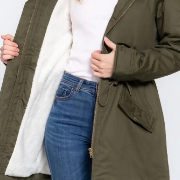 SHERPA LINED UTILITY PARKA JACKET COAT - DARK OLIVE GREEN