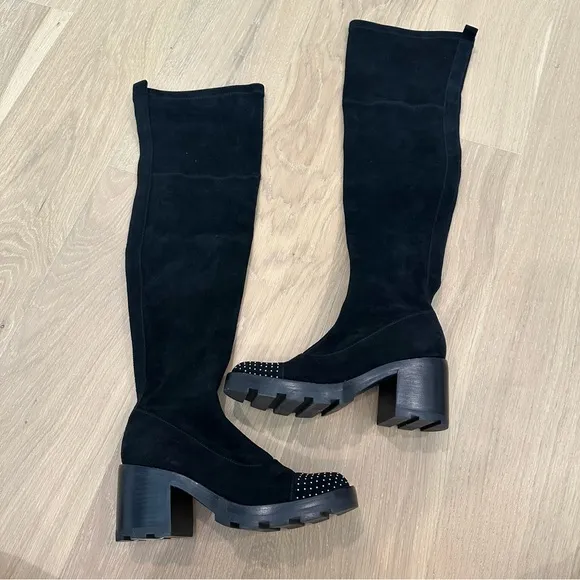 Sigerson Morrison Gemma Boot Over the Knee Suede Black Studded Jewel Toe Leather