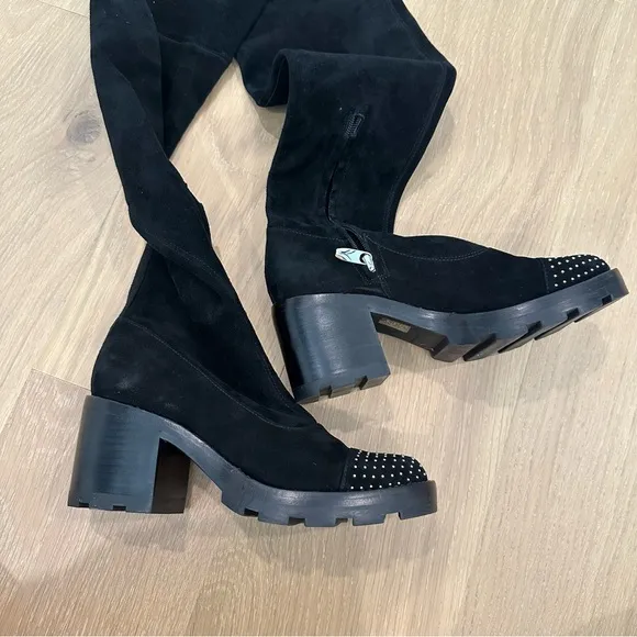 Sigerson Morrison Gemma Boot Over the Knee Suede Black Studded Jewel Toe Leather