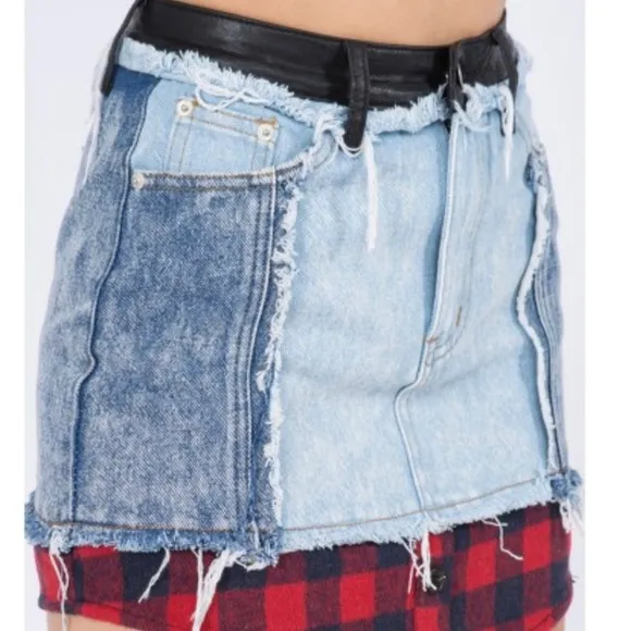 Signature8 Jean Skirt with Plaid And Leather