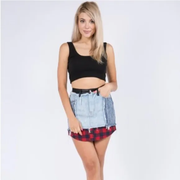 Signature8 Jean Skirt with Plaid And Leather