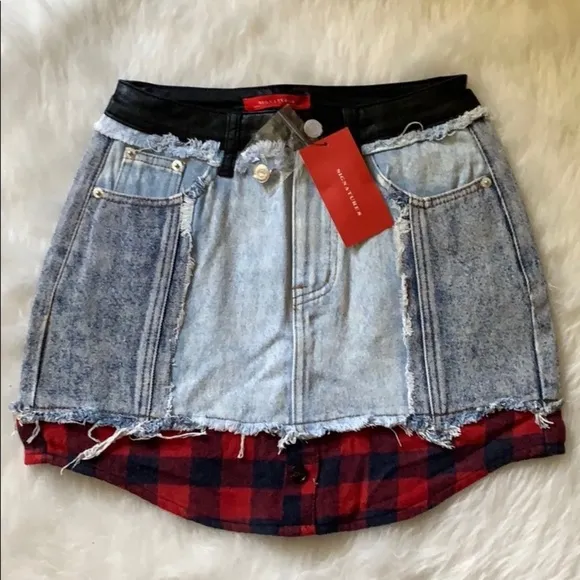 Signature8 Jean Skirt with Plaid And Leather
