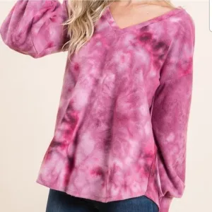 Soft Magenta V-Neck Tie Dye Top
