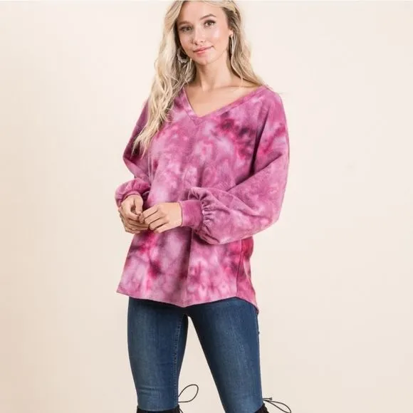 Soft Magenta V-Neck Tie Dye Top