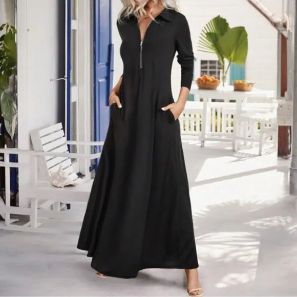 Soft Surroundings Black Maxi Dress Size PL Petite Large Ponte Knit Zip Front