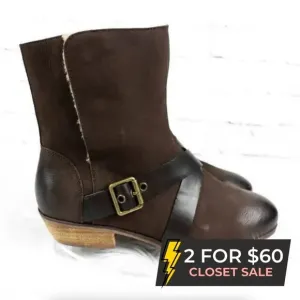 Softwalk Brown Suede Faux Shearling Fur Buckle High Ankle Mid Calf Boots 9 Wide