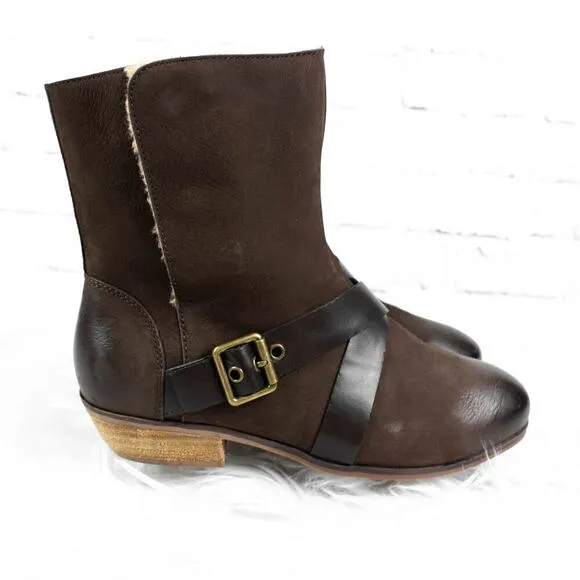 Softwalk Brown Suede Faux Shearling Fur Buckle High Ankle Mid Calf Boots 9 Wide
