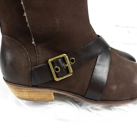 Softwalk Brown Suede Faux Shearling Fur Buckle High Ankle Mid Calf Boots 9 Wide