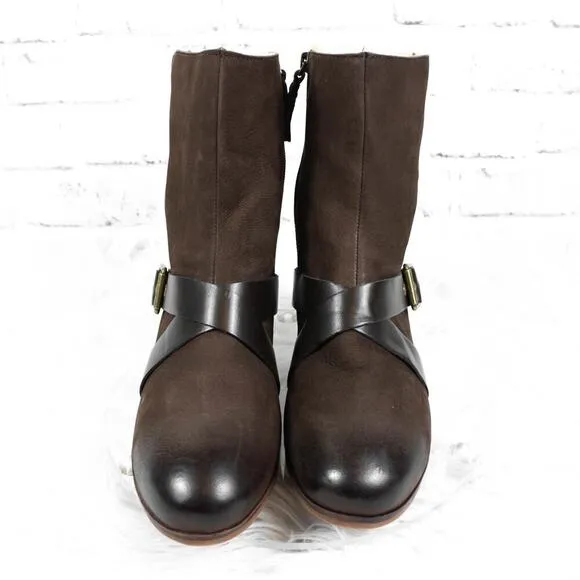 Softwalk Brown Suede Faux Shearling Fur Buckle High Ankle Mid Calf Boots 9 Wide