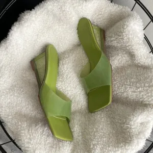 Song of Style Green PVC Leather Wedge Heel Slip On Studio Sandals