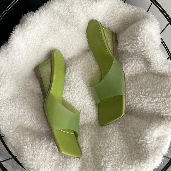 Song of Style Green PVC Leather Wedge Heel Slip On Studio Sandals