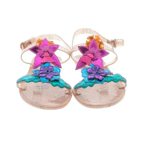 Sophia Webster 3D Floral Appliqué Clear Sparkle Rubber Flat Sandal Size EU 39-40