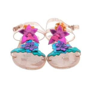 Sophia Webster 3D Floral Appliqué Clear Sparkle Rubber Flat Sandal Size EU 39-40