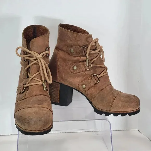 Sorel Addington Chelsea Lace Up Ankle Boots Elk Tan Brown Leather 9 waterproof