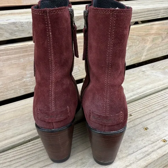 Sorel After Hours Burgundy Leather Boots Wedge Zip Sides Burro Waterproof SZ 7