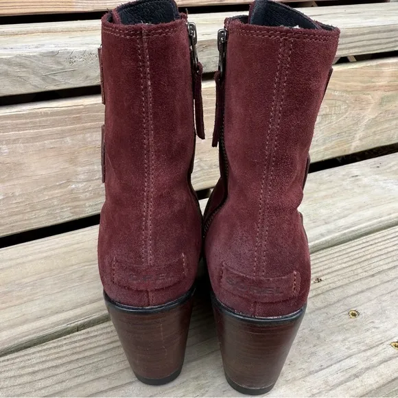 Sorel After Hours Burgundy Leather Boots Wedge Zip Sides Burro Waterproof SZ 7