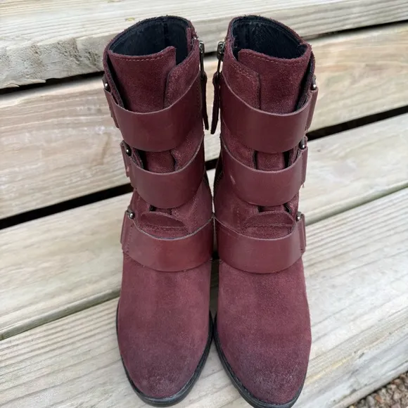Sorel After Hours Burgundy Leather Boots Wedge Zip Sides Burro Waterproof SZ 7