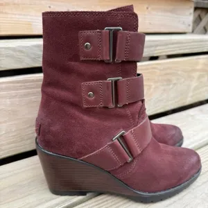 Sorel After Hours Burgundy Leather Boots Wedge Zip Sides Burro Waterproof SZ 7