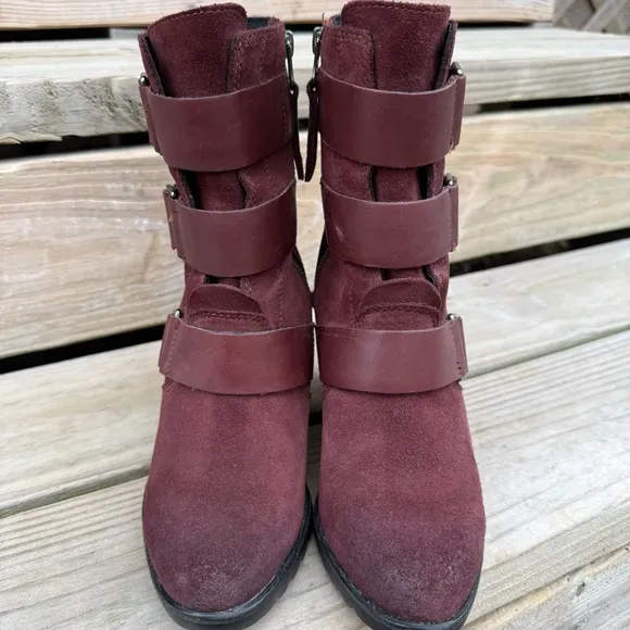 Sorel After Hours Burgundy Leather Boots Wedge Zip Sides Burro Waterproof SZ 7