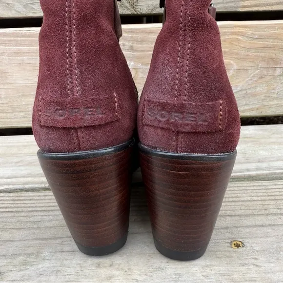 Sorel After Hours Burgundy Leather Boots Wedge Zip Sides Burro Waterproof SZ 7