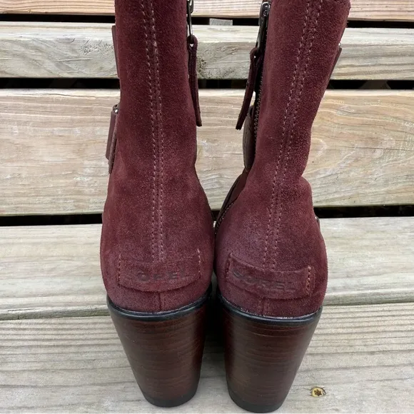 Sorel After Hours Burgundy Leather Boots Wedge Zip Sides Burro Waterproof SZ 7