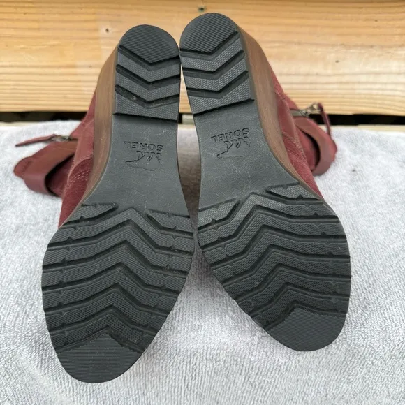 Sorel After Hours Burgundy Leather Boots Wedge Zip Sides Burro Waterproof SZ 7