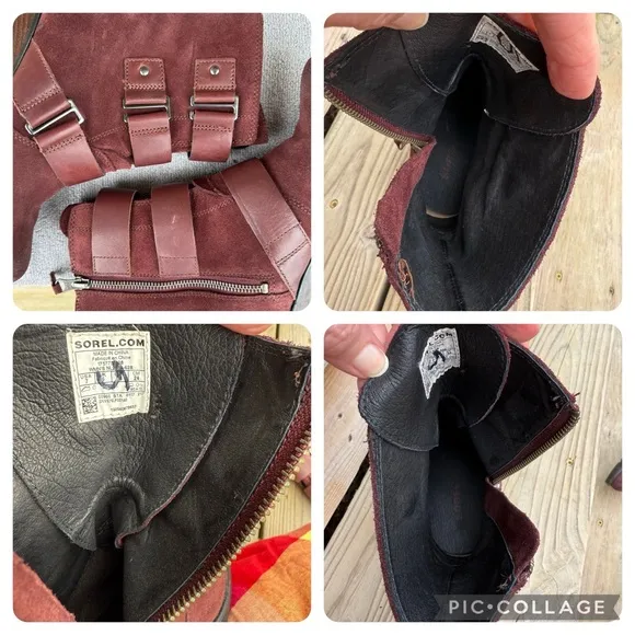 Sorel After Hours Burgundy Leather Boots Wedge Zip Sides Burro Waterproof SZ 7
