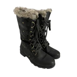 Sorel Boots Womens 7 Emelie Waterproof Lace Up Tall Leather Black Faux Fur Trim